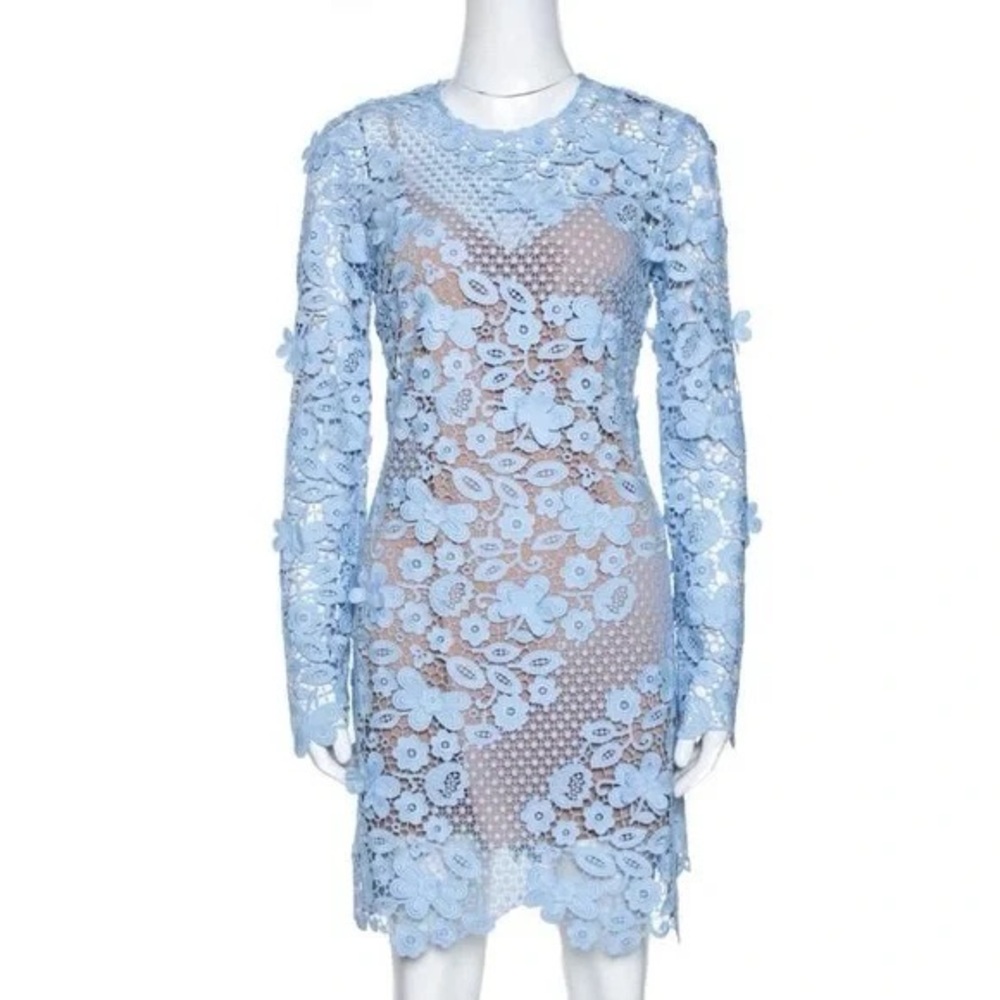 Self-Portrait Light Blue Floral Lace Mini Dress